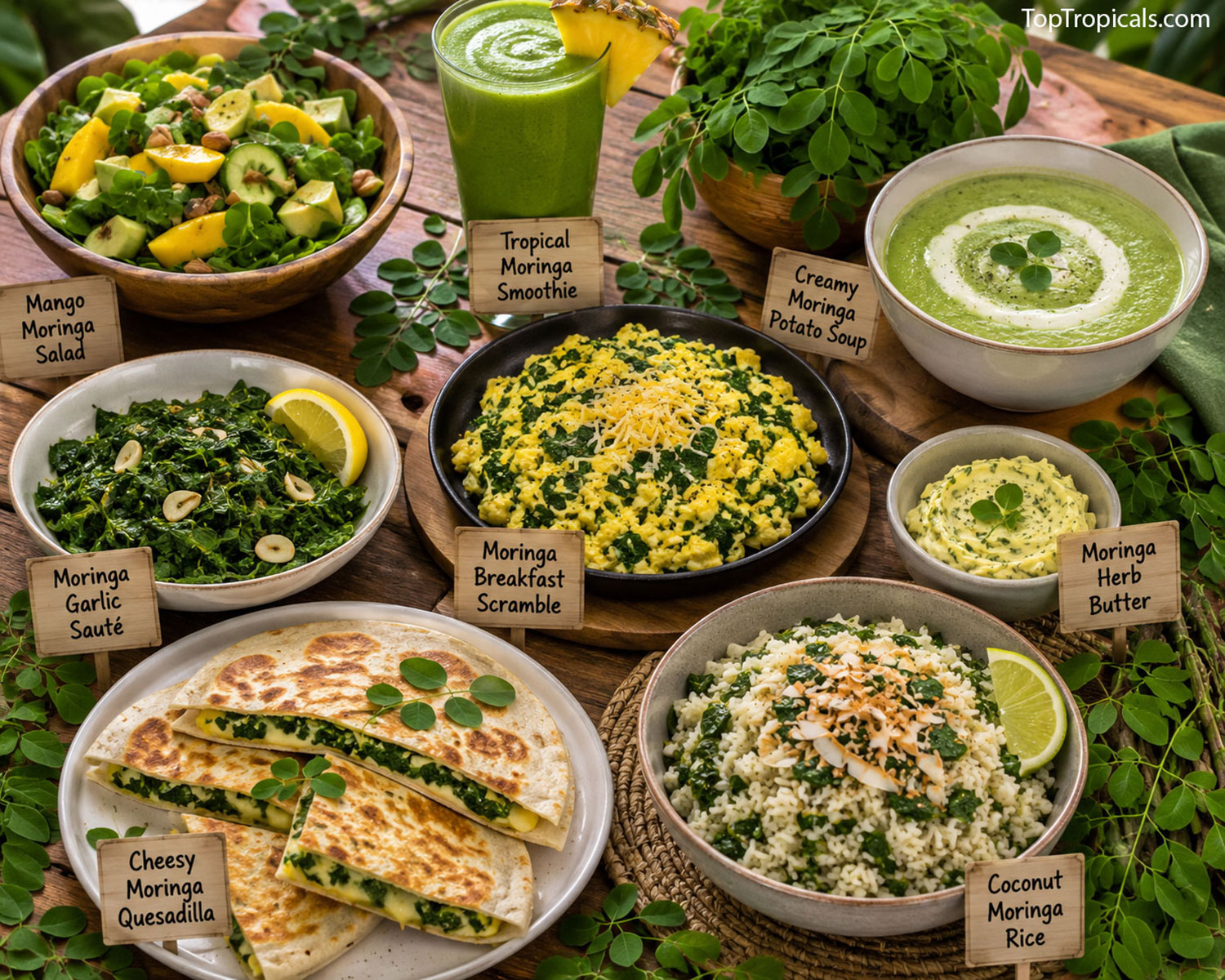 A  collection  of  homemade  moringa  recipes  displayed  on  a  rustic  wooden 
 table,  including  mango  moringa  salad,  tropical  moringa  smoothie,  creamy 
 moringa  potato  soup,  moringa  breakfast  scramble,  moringa  garlic  sauté, 
 moringa  herb  butter,  cheesy  moringa  quesadillas,  and  coconut  moringa  rice, 
 surrounded  by  fresh  moringa 
 leaves.