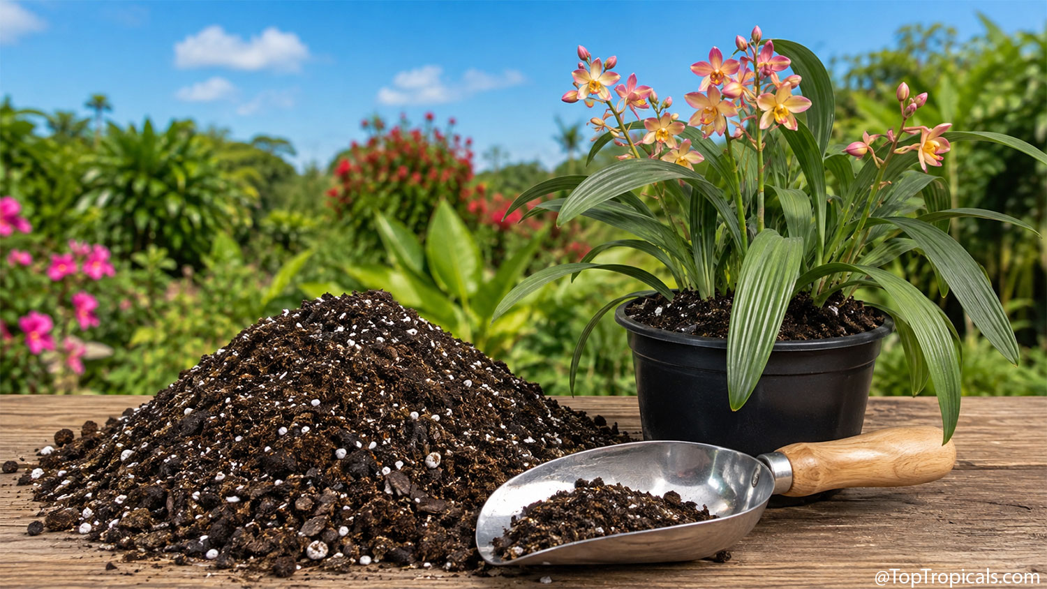 Close-up  of  premium  soilless  potting  mix  containing  pine  bark,  perlite,
    and  peat-based  organic  matter  spilling  from  a  terracotta  pot  onto  a  rustic 
 garden  table  beside  a  hand  scoop,  with  a  blooming  ground  orchid  in  the 
 background.