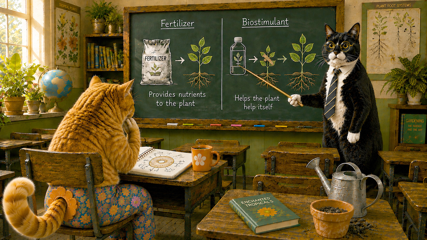 Smokey the tuxedo cat teaches Sunshine the orange tabby the difference
between fertilizer and
biostimulants.
