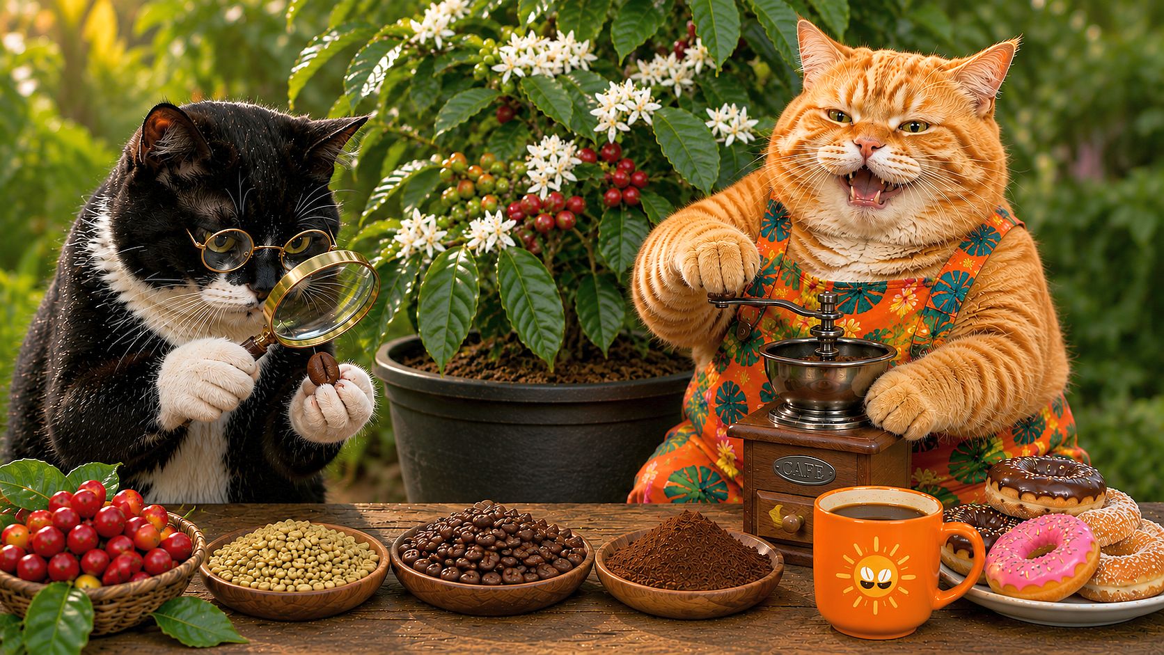 Smokey the tuxedo cat inspects a coffee bean while Sunshine the orange
tabby grinds coffee beside a fruiting coffee tree.