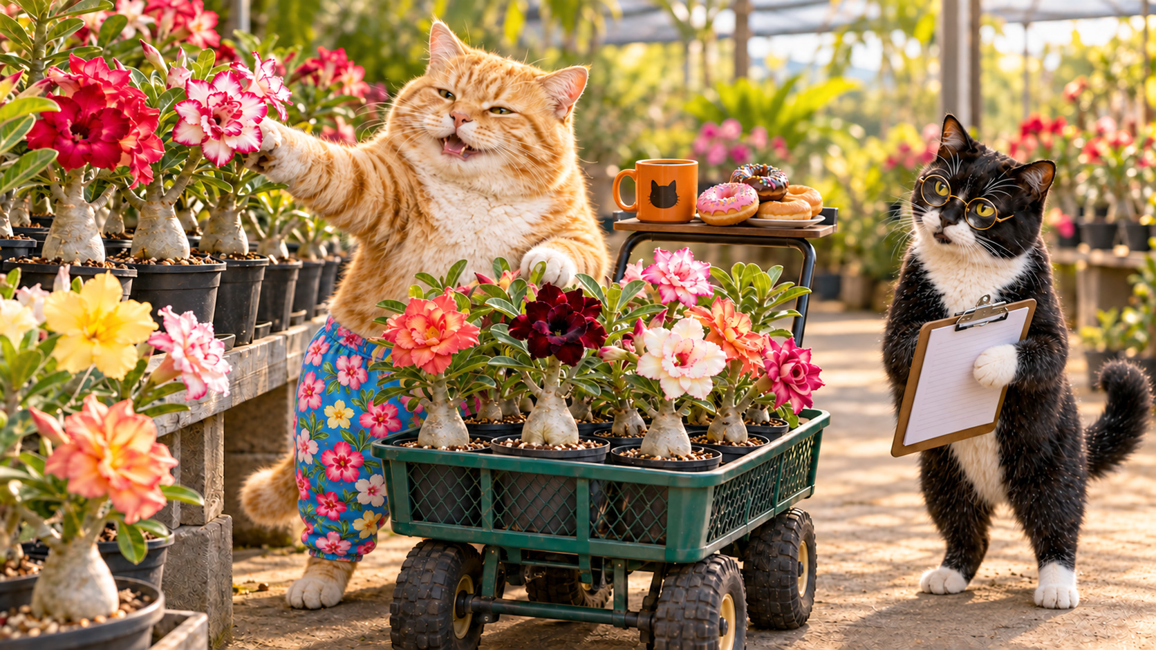 Sunshine  and  Smokey  with  colorful  grafted  Adenium  Desert  Roses  at  Top 
 Tropicals 
 nursery.