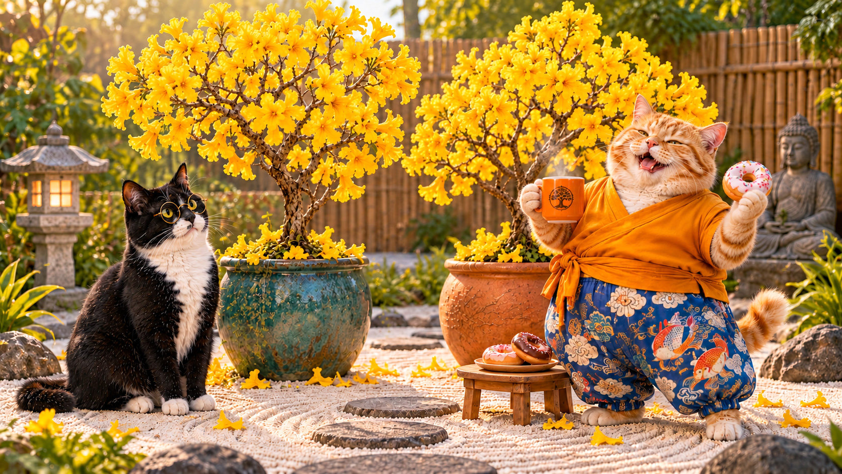 Smokey and Sunshine in a Zen garden with two potted Dwarf Golden
Tabebuia trees covered in bright yellow
flowers.