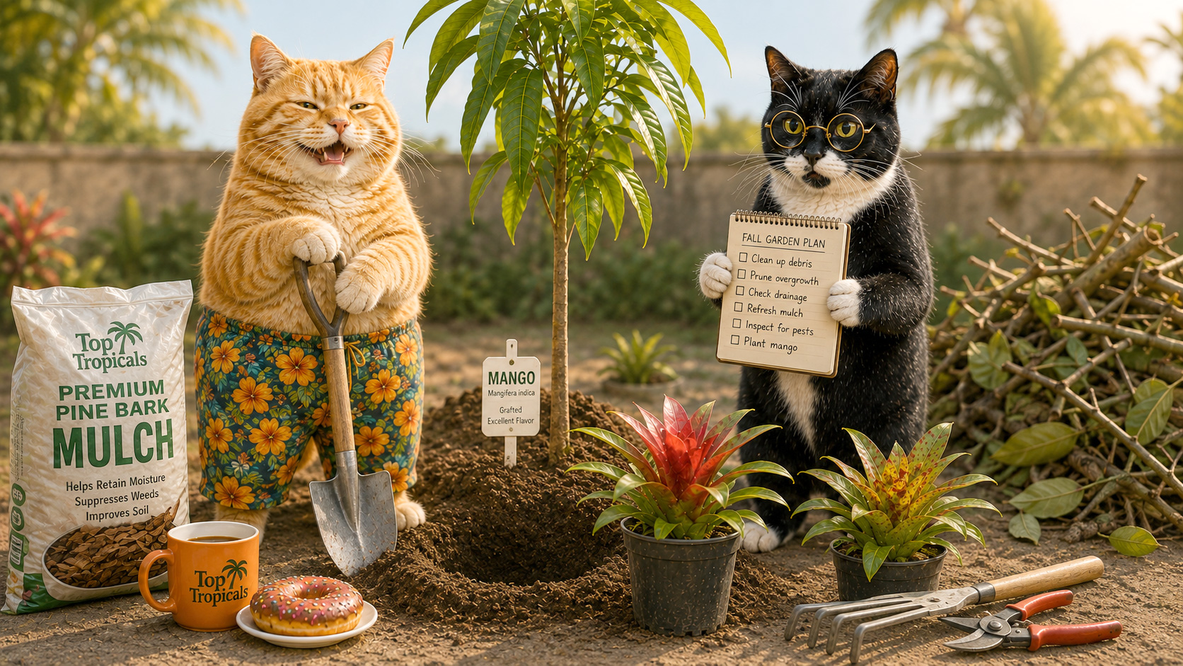 Sunshine and Smokey prepare a Florida tropical garden for fall planting
beside a young mango
tree.
