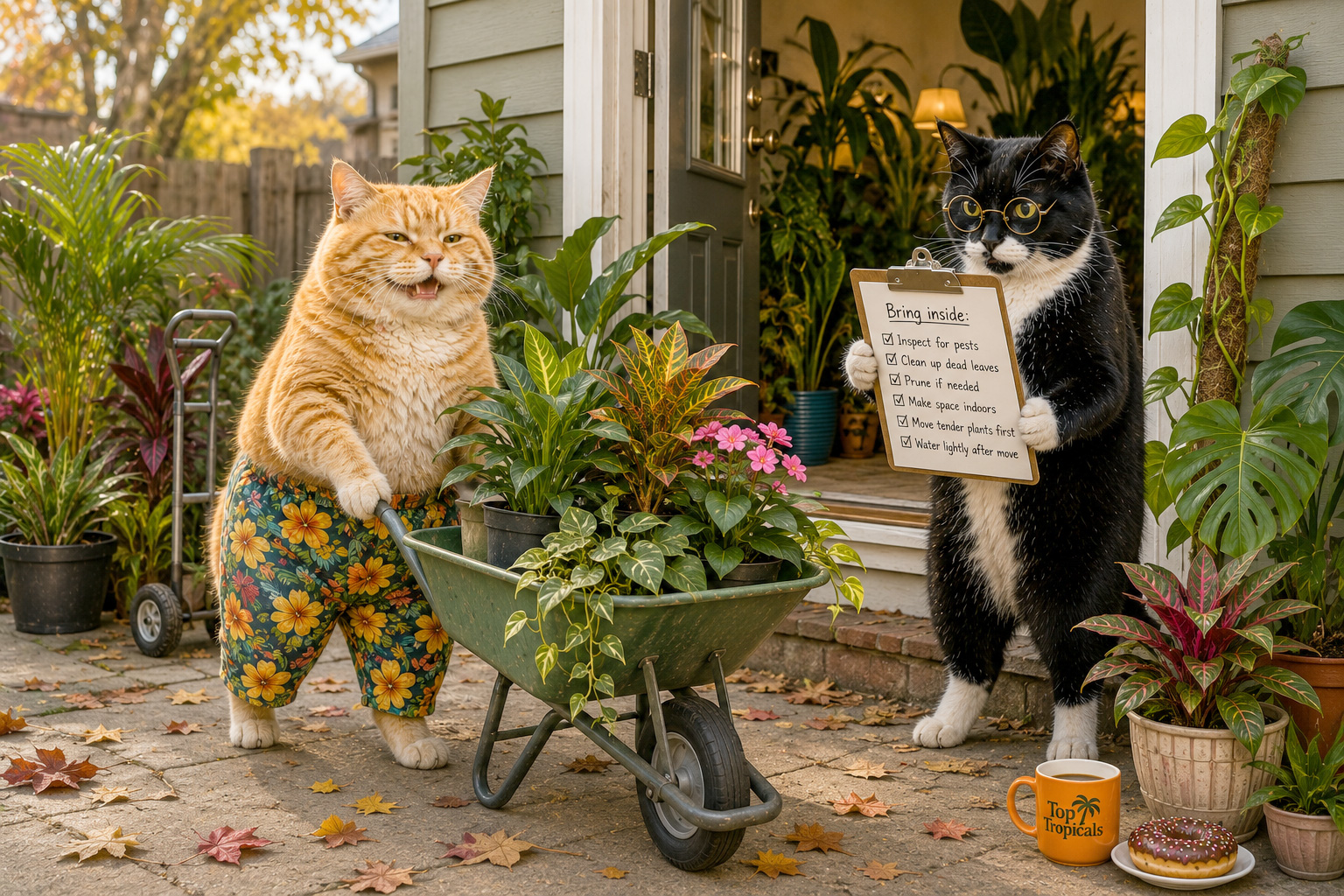 Sunshine pushes a wheelbarrow full of tropical plants indoors while
Smokey checks the fall moving
list.