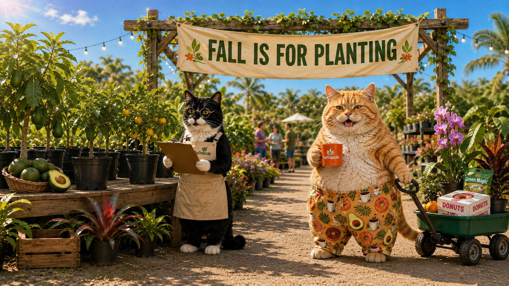 Smokey and Sunshine at Top Tropicals garden center under a Fall Is for Planting banner surrounded by tropical plants.