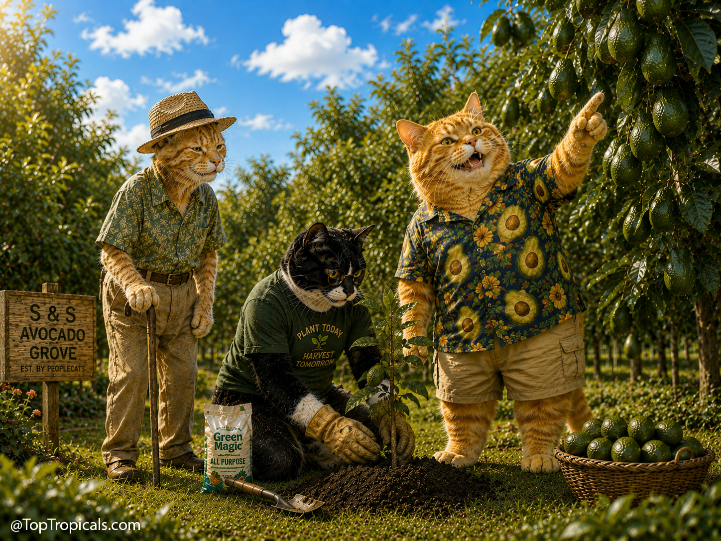 ather's Day avocado tree planting at Top Tropicals featuring Sunshine, Smokey, and their kittens in a tropical fruit orchard.