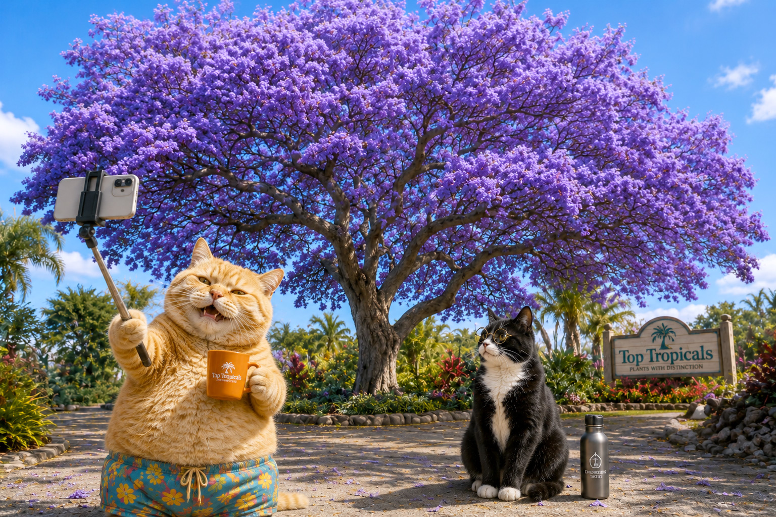 Sunshine, an orange tabby cat, takes a selfie beneath a blooming purple
jacaranda tree while Smokey, a tuxedo cat wearing glasses, watches nearby
at Top
Tropicals.