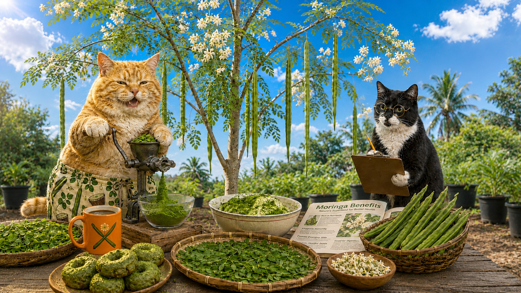Smokey the tuxedo cat and Sunshine the orange tabby prepare Moringa
leaves beneath a flowering Moringa
tree.