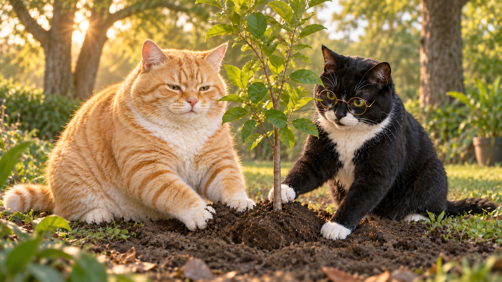 Smokey and Sunshine planting a young tree together in a warm garden at
sunset.