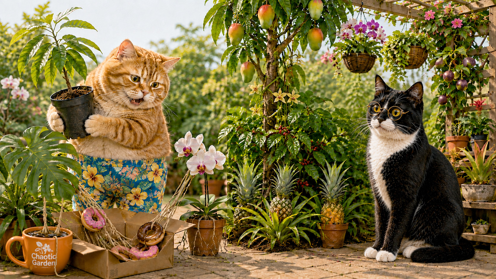Smokey the tuxedo cat inspects a coffee bean while Sunshine the orange
tabby grinds coffee beside a fruiting coffee
tree.