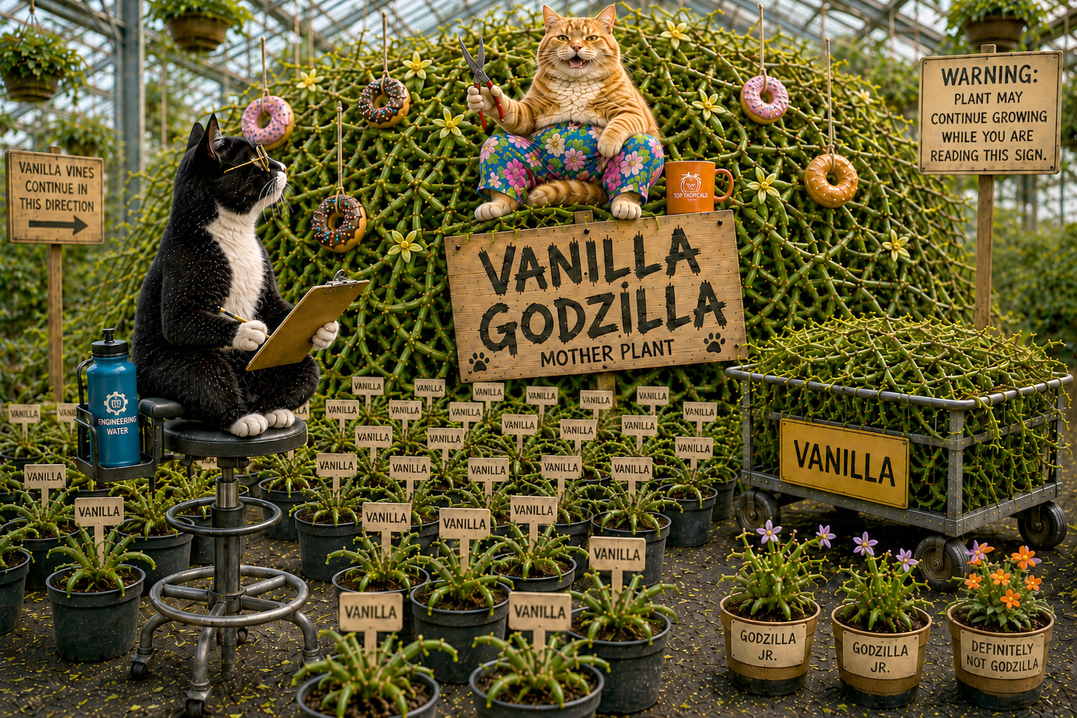 Smokey the tuxedo cat and Sunshine the orange cat inspect a giant
Vanilla Godzilla mother plant in a greenhouse. Sunshine sits atop a massive
mound of leafless vanilla vines holding pruning shears, while Smokey takes
notes among dozens of young vanilla plants propagated from the giant
specimen.