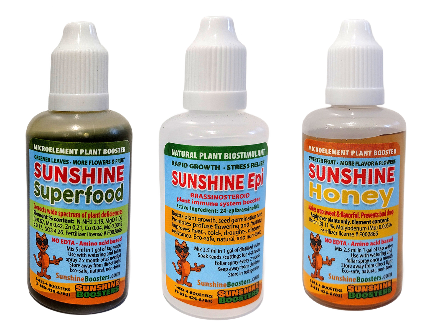 Sunshine  Boosters  plant  supplements  including  Superfood  micro  element 
 


complex,  Epi  biostimulant,  and  Honey  fruit  enhancer