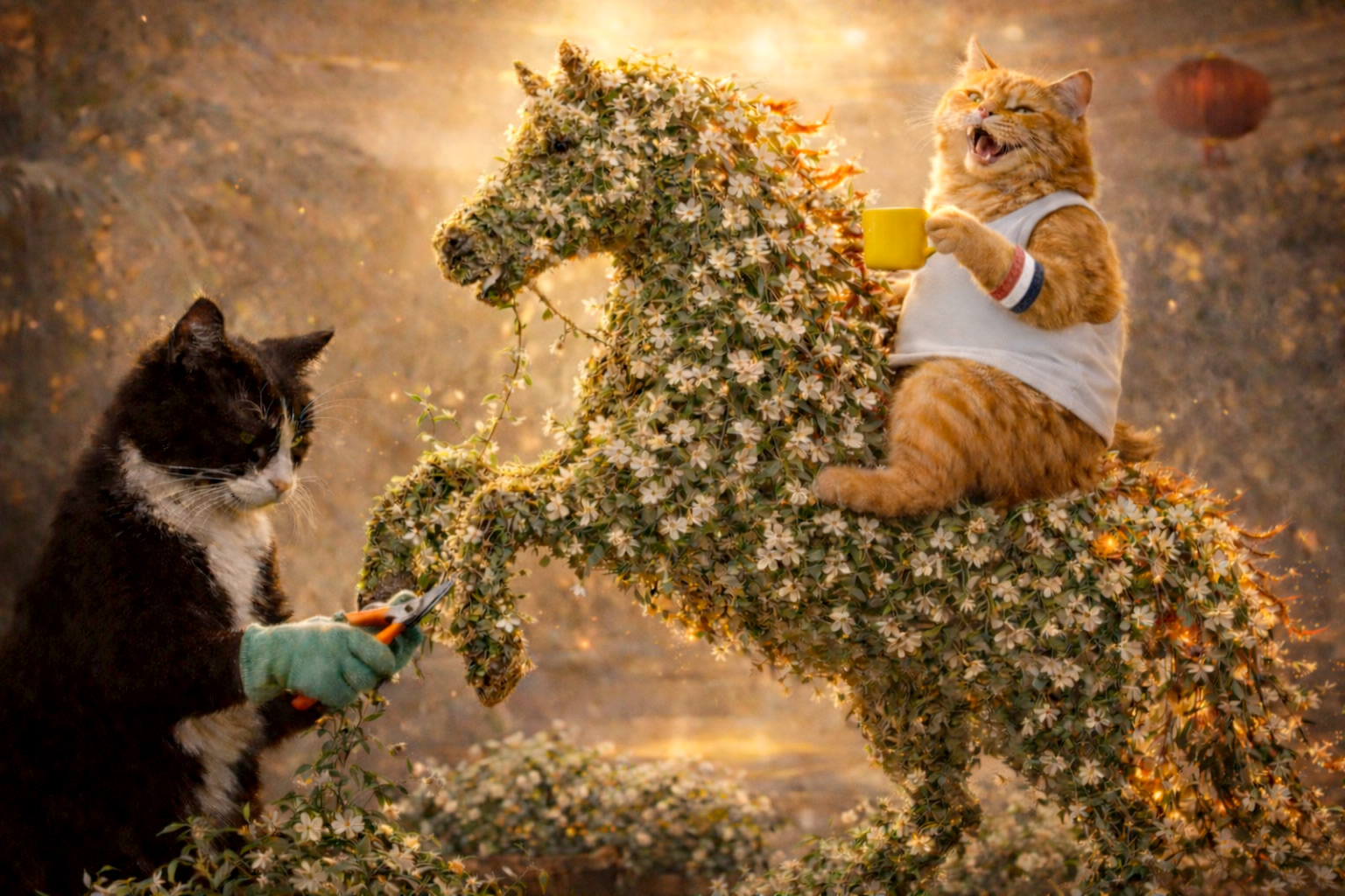 Sunshine  the  orange  tabby  wearing  a  red,  white,  and  blue  wristband  sits
 
 
  laughing  on  a  jasmine-covered  horse  topiary  during  the  2026  Year  of  the 
 


Horse,  while  Smokey  the  tuxedo  cat  trims  the  greenery  at 
 


sunset.