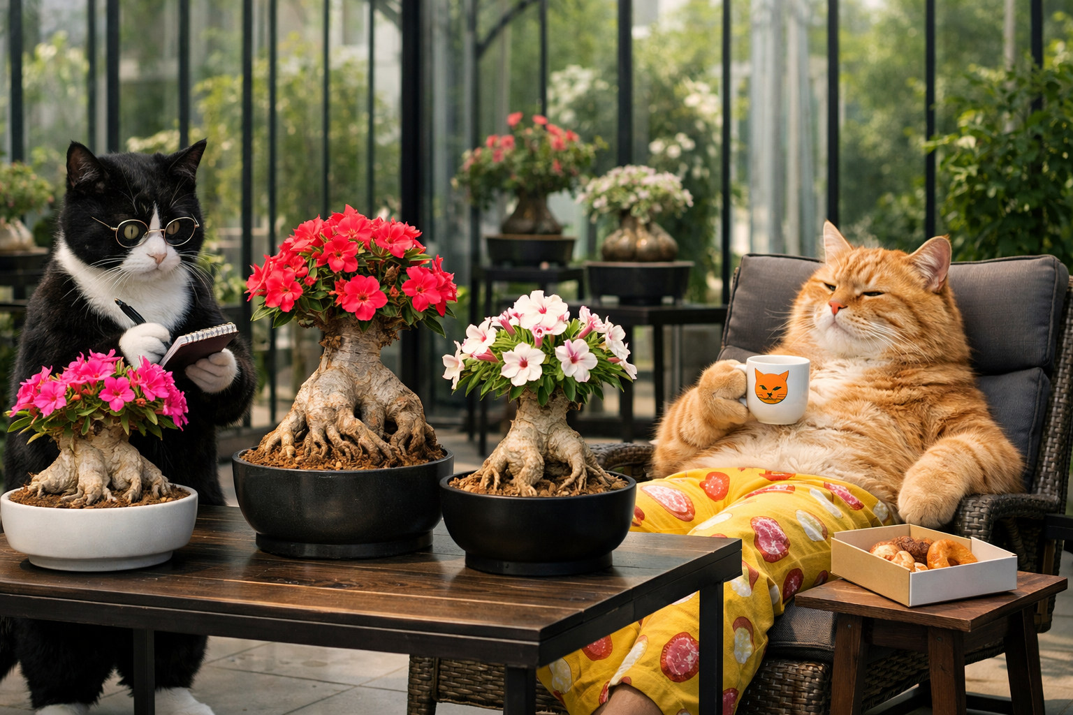 Smokey  and  Sunshine  in  a  luxury  greenhouse  admiring  sculptural  adenium 
 plants  with  thick  caudex  trunks  and  colorful  blooms.