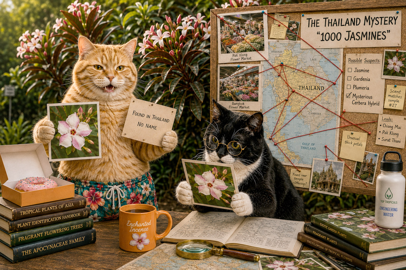 Smokey and Sunshine investigate the mystery of Enchanted Incense, a
fragrant Cerbera hybrid from Thailand, using photos, maps, and botanical
clues.