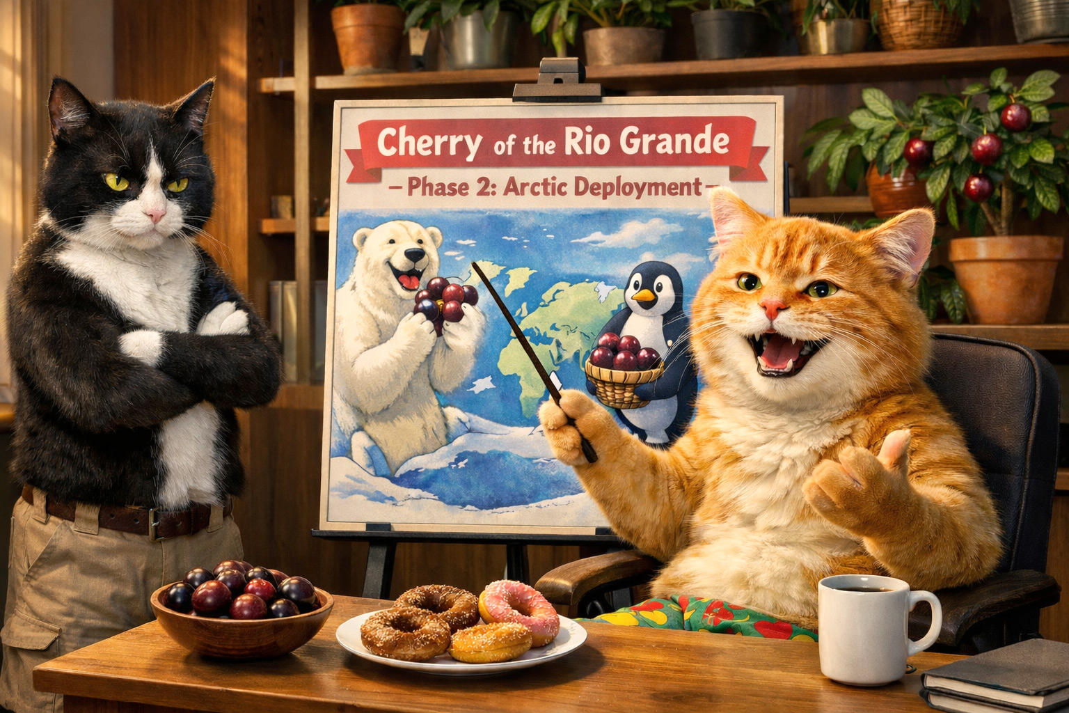 Smokey  and  Sunshine  in  office  presentation  about  Cherry  of  the  Rio 
 


Grande  freeze  survival,  with  Sunshine  pointing  at  polar  bear  and  penguin 
 


marketing  poster,  coffee  and  donuts  on  table,  tropical  plants  on  shelves  in 
 


background.