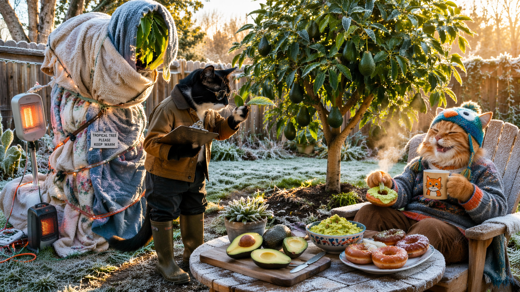 Smokey  the  black-and-white  cat  with  glasses  sits  on  a  patio  taking 
 notes  while  Sunshine,  a  fluffy  orange  cat  wearing  bunny  ears,  holds  a  small 
 potted  mango  tree  with  light  yellow  flowers.