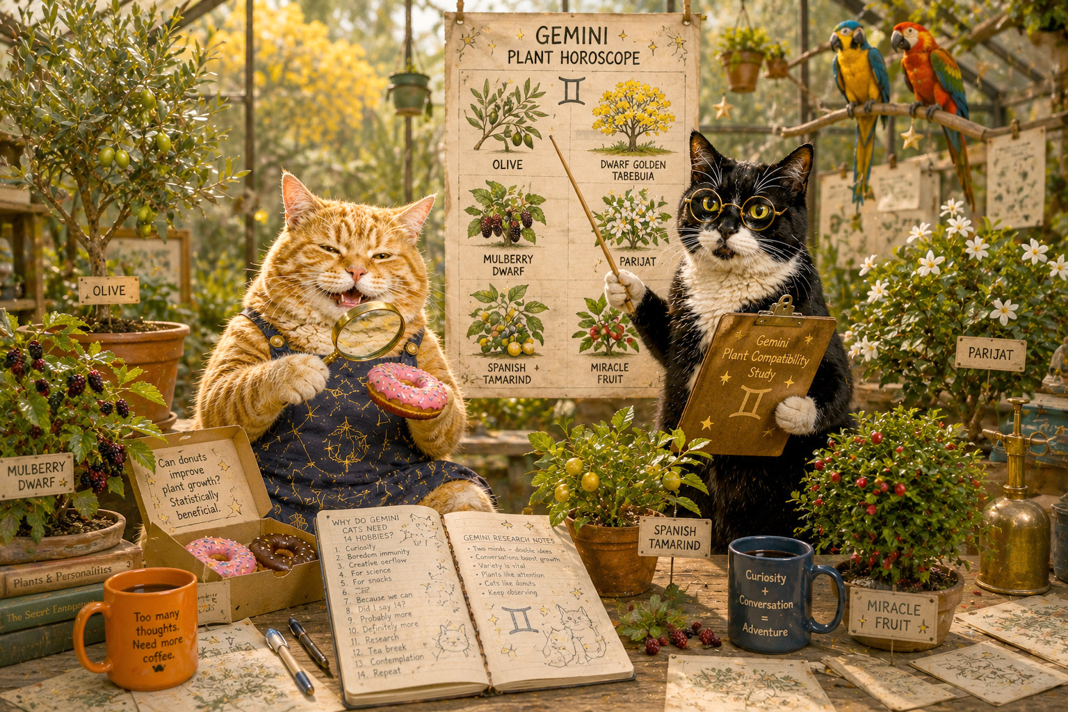 Smokey and Sunshine with Gemini tropical plants in a whimsical
greenhouse