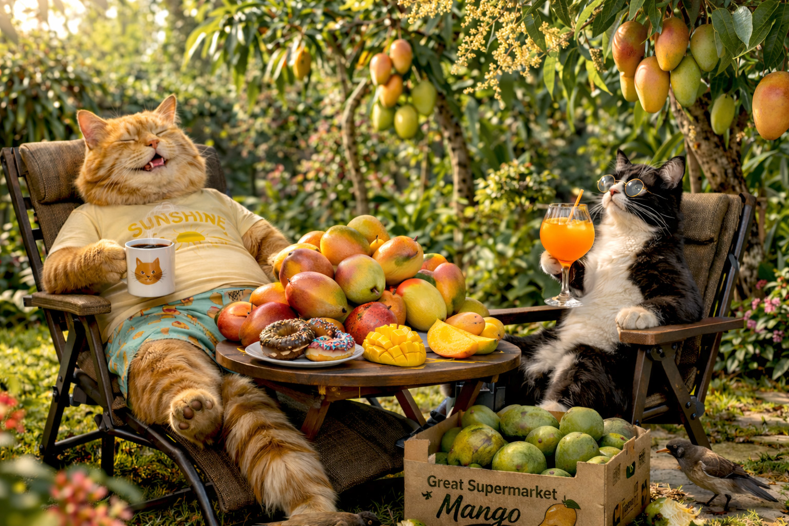 Smokey  and  Sunshine  enjoying  fresh  homegrown  mango  harvest  in  garden