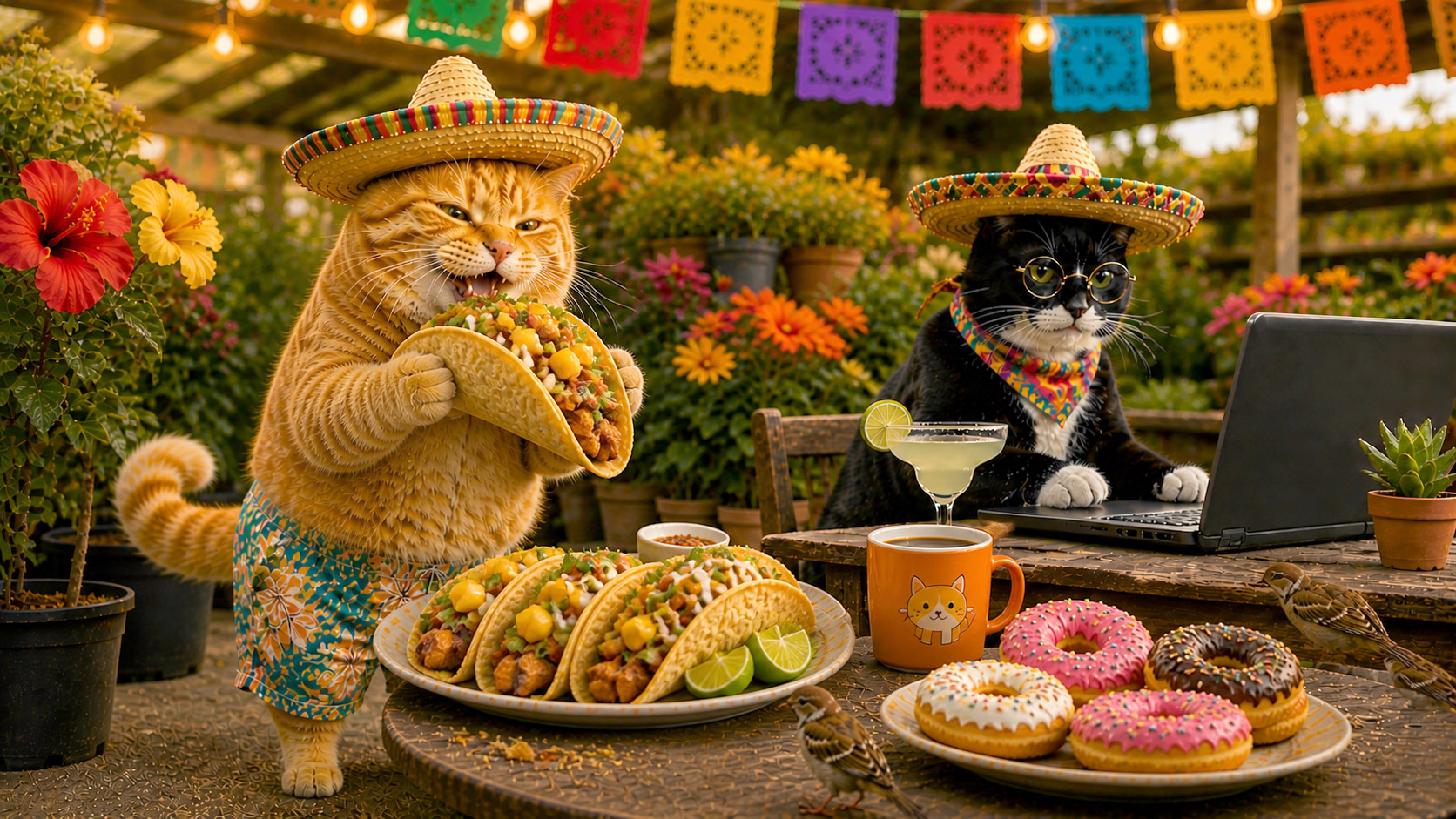 Sunshine  cat  holding  large  mango  tacos  in  a  garden  nursery  while  Smokey
    works  on  laptop  with  margarita  and  donuts  on 
 table
