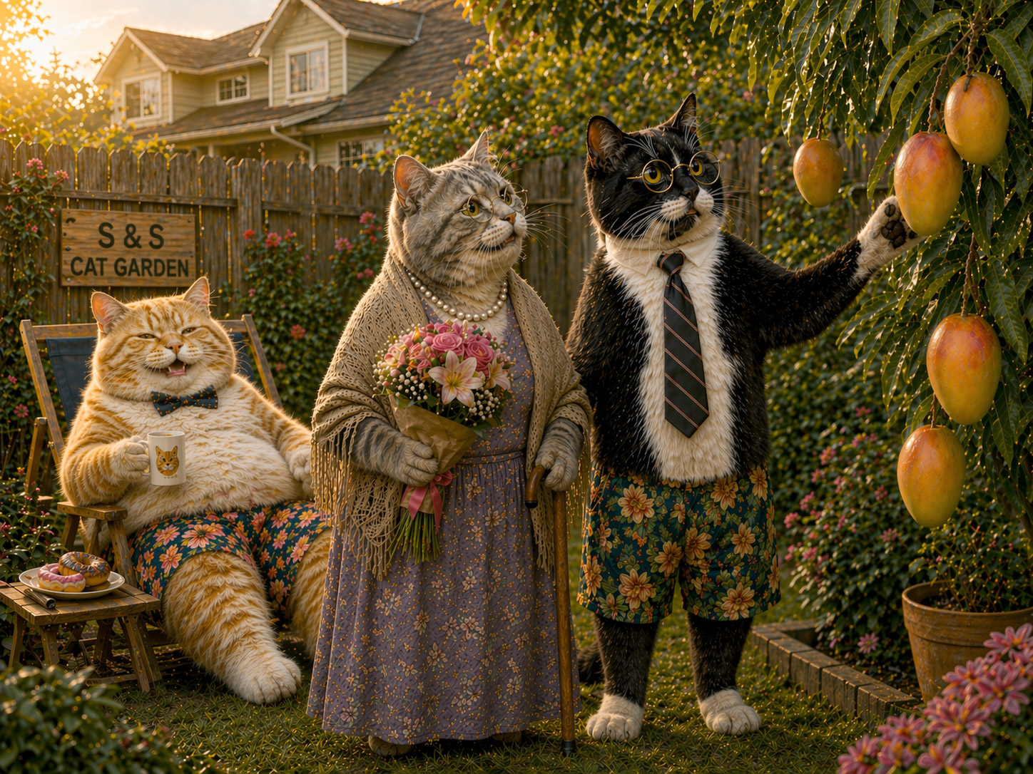 Smokey  cat  with  glasses  showing  mango  tree  to  mother  cat  in  garden
