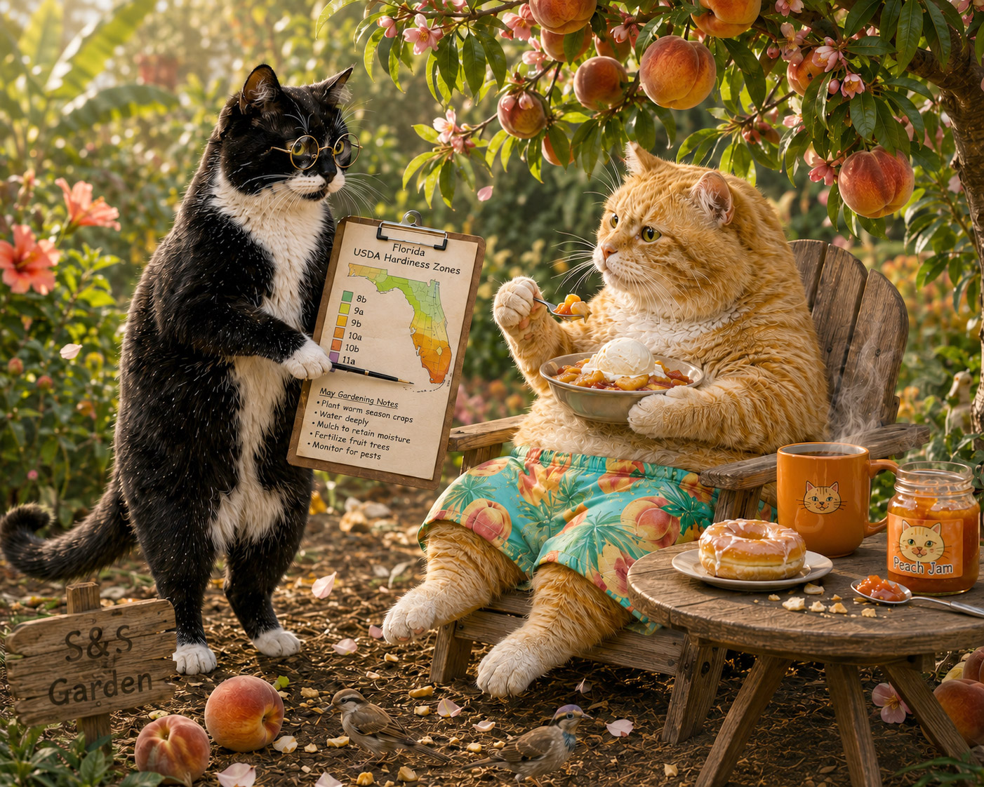 Smokey  and  Sunshine  relax  under  a  peach  tree  in  the  S&S  Garden, 
 discussing  low-chill  peaches  for  Florida  while  enjoying  peach  cobbler  with 
 ice 
 cream.