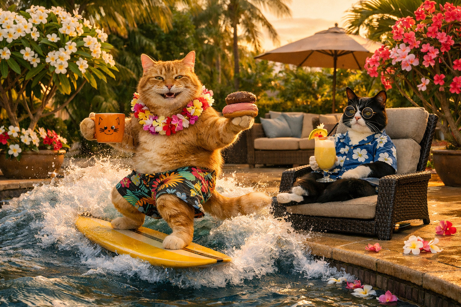Sunshine ginger tabby cat surfing pool wave with donuts and coffee
Smokey tuxedo cat relaxing
nearby