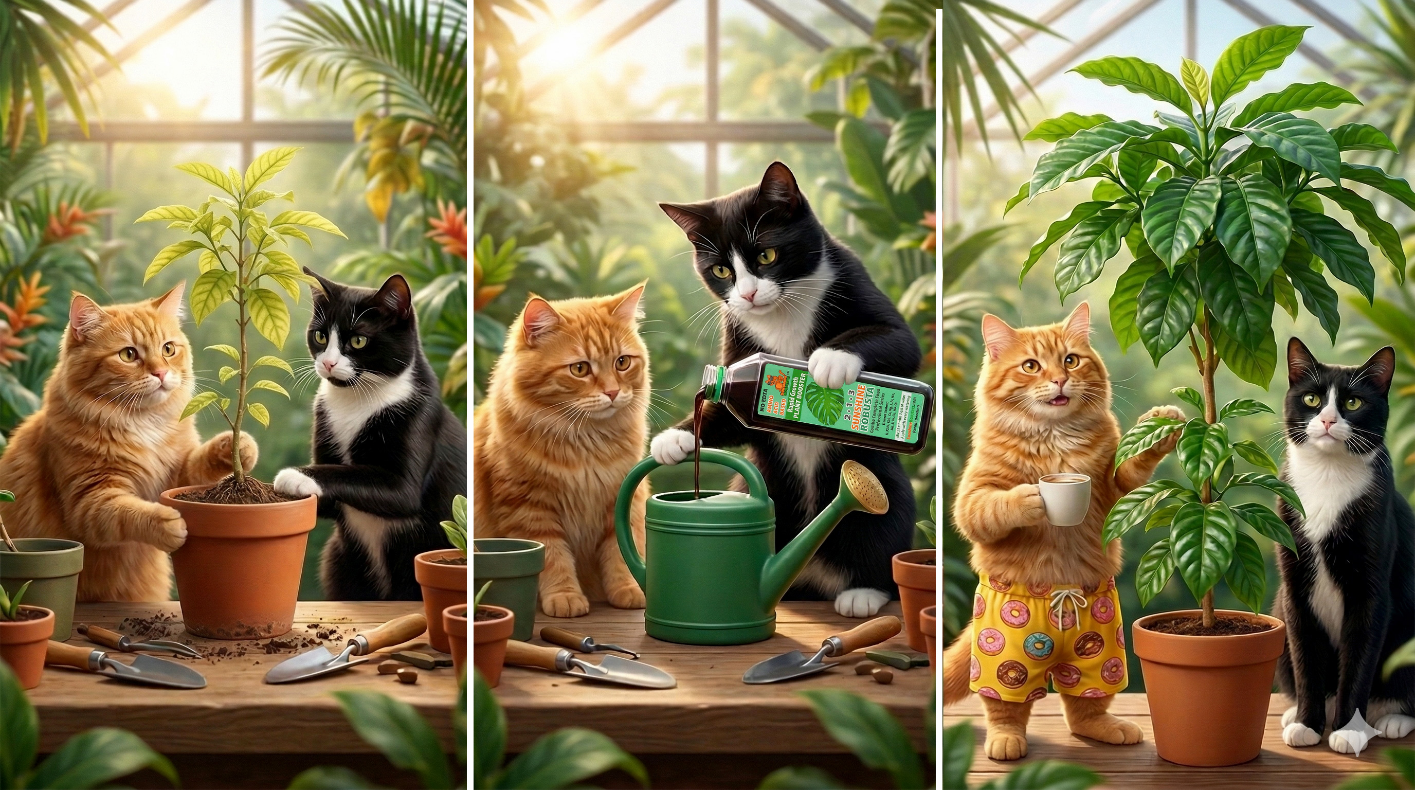 Smokey  and  Sunshine  PeopleCats  diagnose  a  starving  coffee  plant  and 
 


revive  it  using  Sunshine  Robusta  boosters,  turning  a  weak  yellow  plant  into 
 


a  healthy  green  coffee  tree  after  one  month..