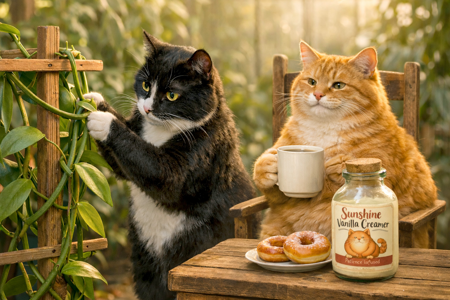 Tuxedo cat training a vanilla vine on a wooden trellis while orange cat
 drinks coffee beside jar labeled Sunshine Vanilla Creamer.