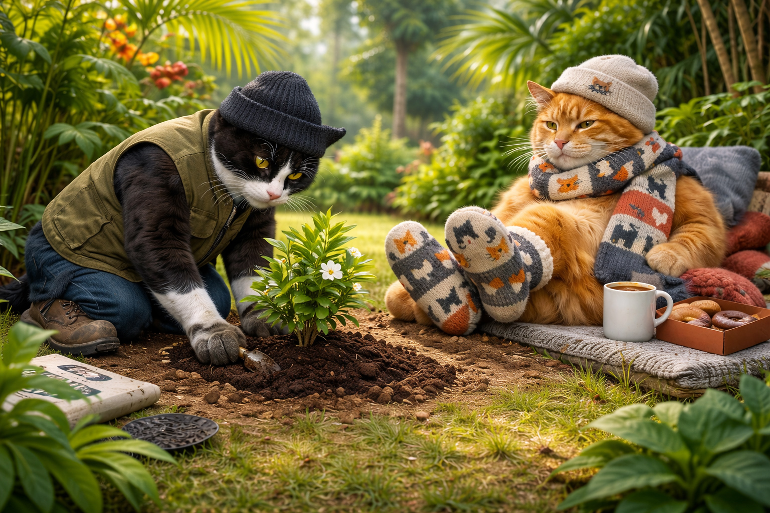 A tuxedo cat planting a small shrub in a tropical garden while a ginger
 cat relaxes nearby with coffee and donuts, illustrating winter planting in 
a warm 
climate.