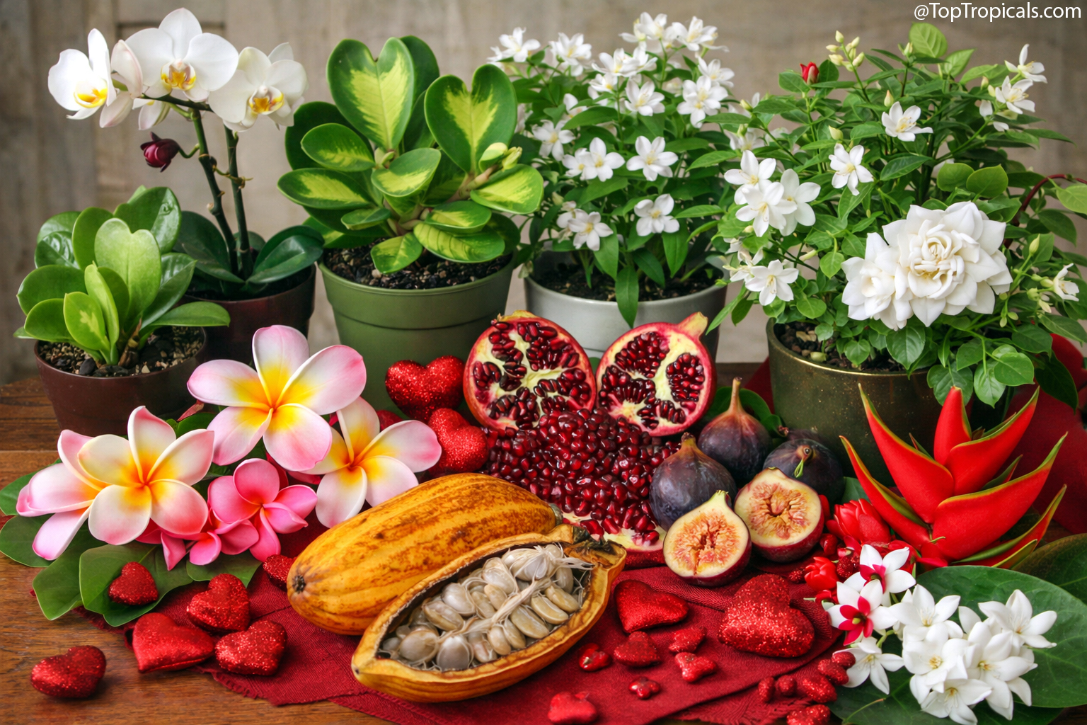 Valentines themed arrangement of tropical plants and fruits including 
heart shaped hoya, orchids, gardenia, jasmine, cacao pod, figs, and 
pomegranate with red heart 
decorations