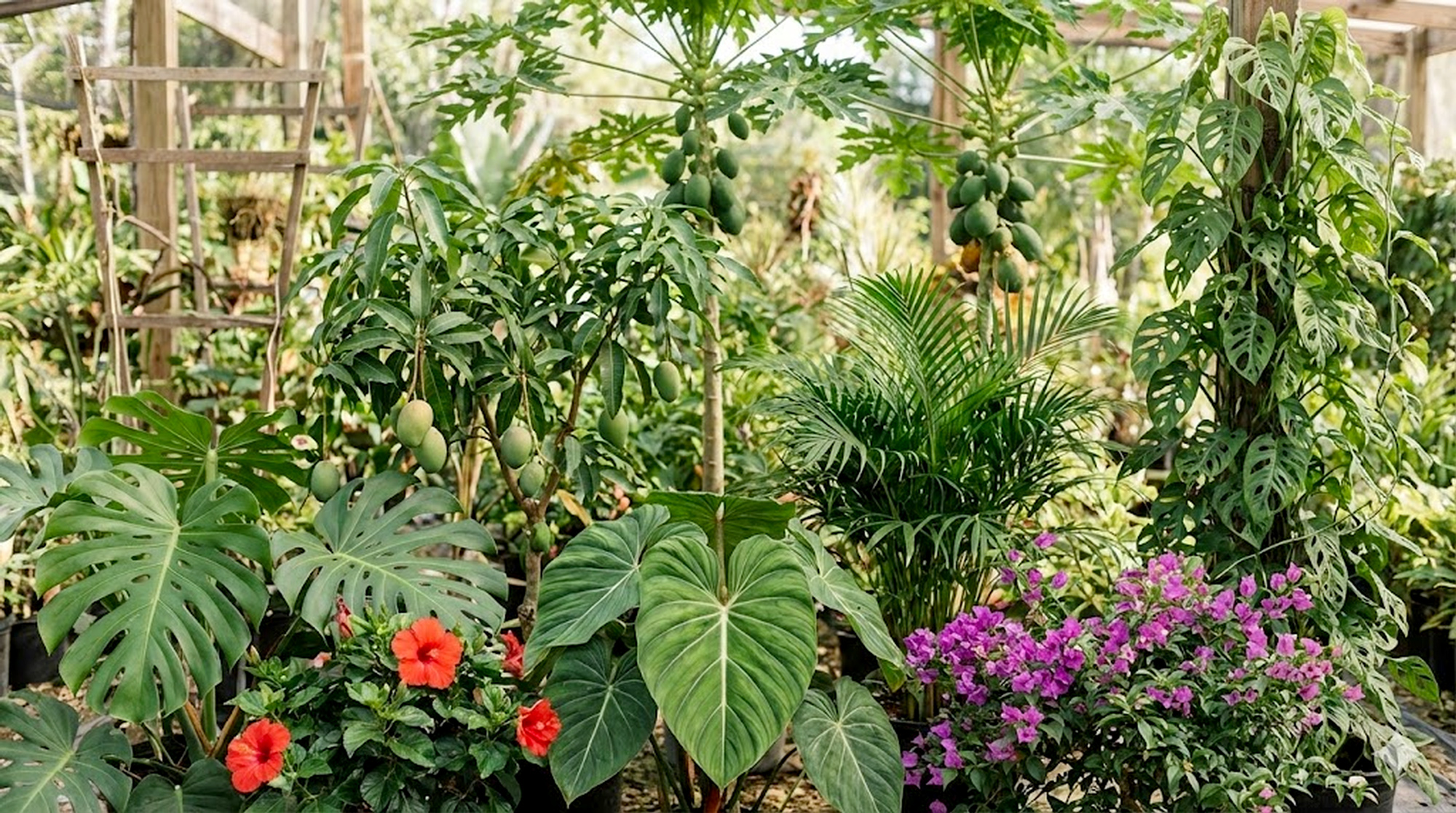 Tropical fruit trees, flowering plants, foliage species, and palms growing together in a lush garden setting