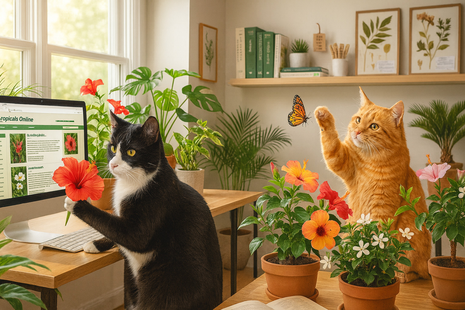 Smokey the tuxedo cat studies a tropical flower beside a computer showing a plant encyclopedia, while Sunshine the ginger tabby cat plays with a butterfly among potted blooming plants.
