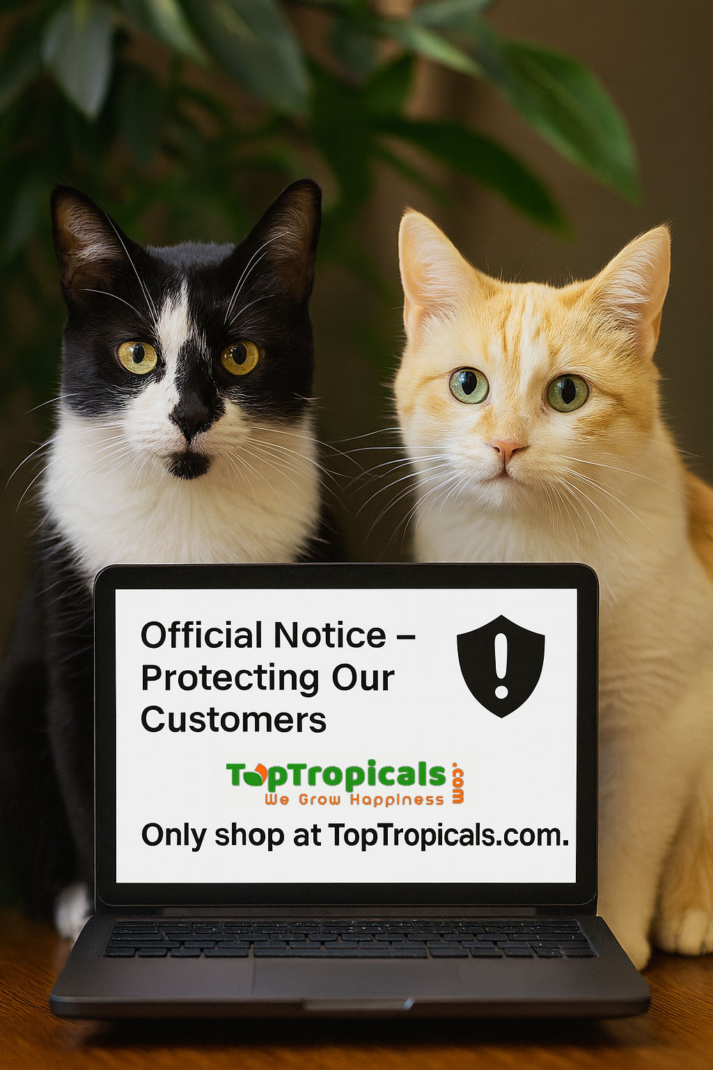Smokey and Sunshine, the Top Tropicals cats, sitting in front of a computer showing the message 'Official Notice - Protecting Our Customers' with the Top Tropicals logo and warning icon, reminding visitors to shop only at toptropicals.com and avoid fake sites.
