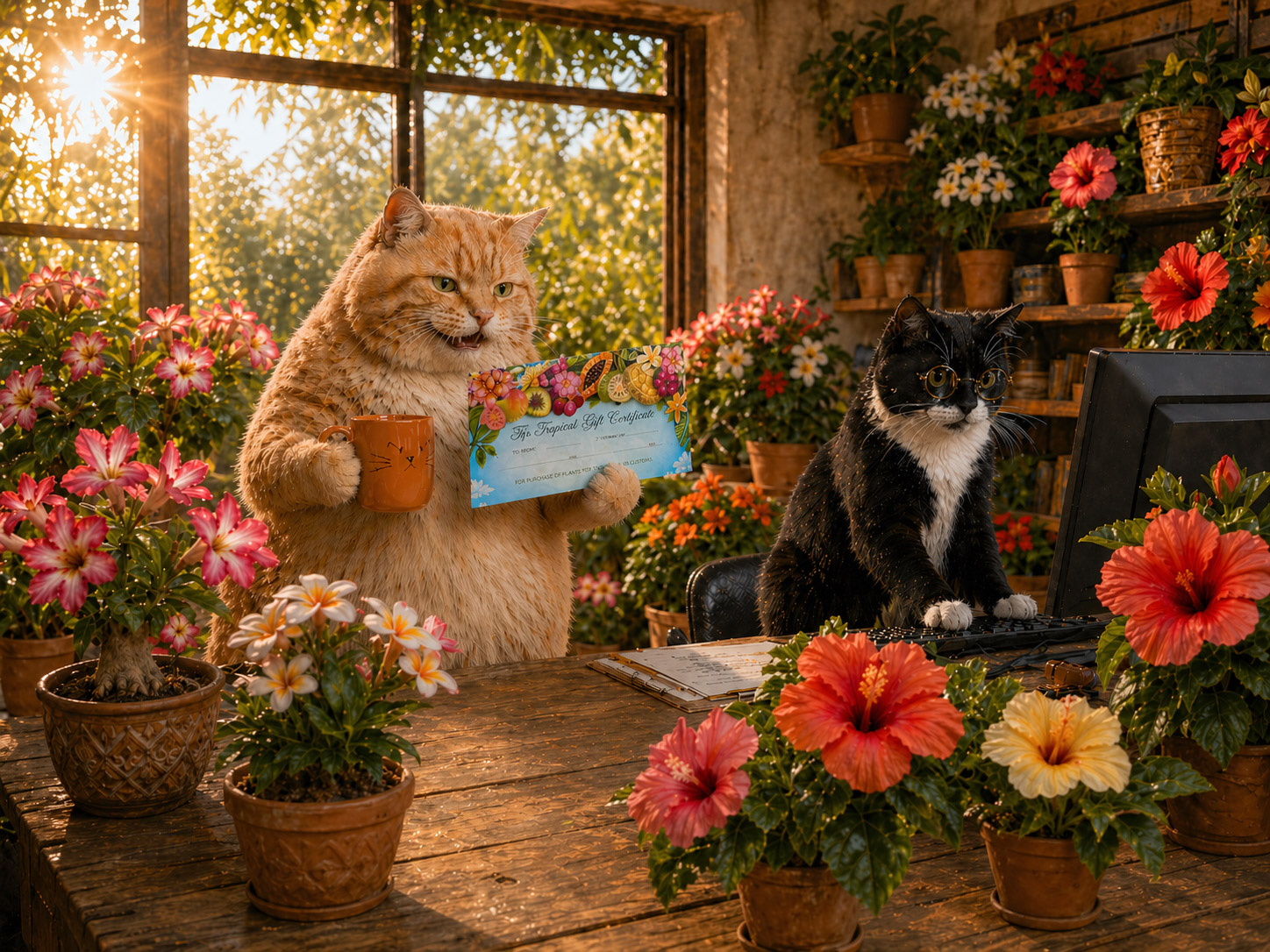 Sunshine the ginger tabby holds a Top Tropicals gift card and coffee while Smokey the tuxedo cat works at the computer surrounded by hibiscus and flowering plants